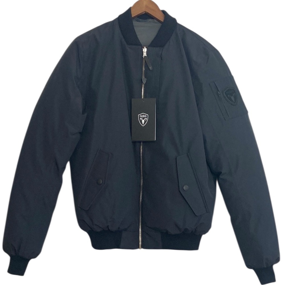 New Nobis Alpha Flight Bomber Jacket Mens Small Black Gray Reversible Goose Down